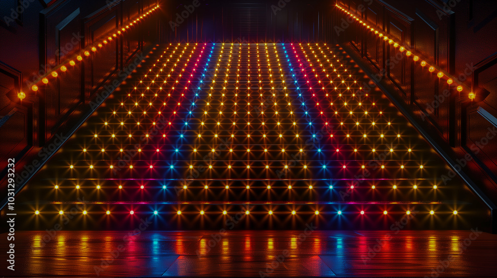 Poster illuminated staircase with multicolored led lights in dark hallway..