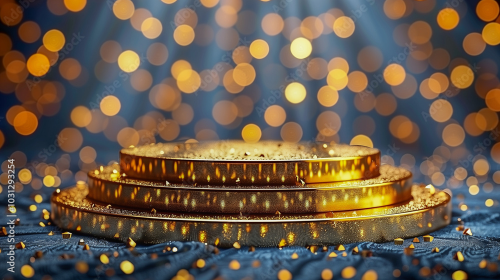 Poster golden circular stage with sparkling lights and bokeh background..