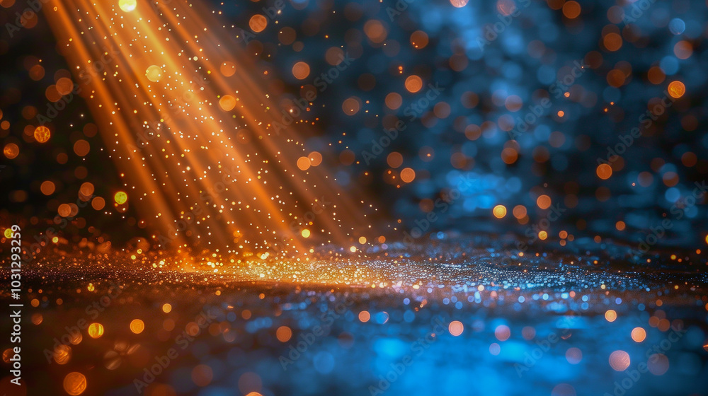 Poster golden light rays and sparkling particles in a bokeh background..