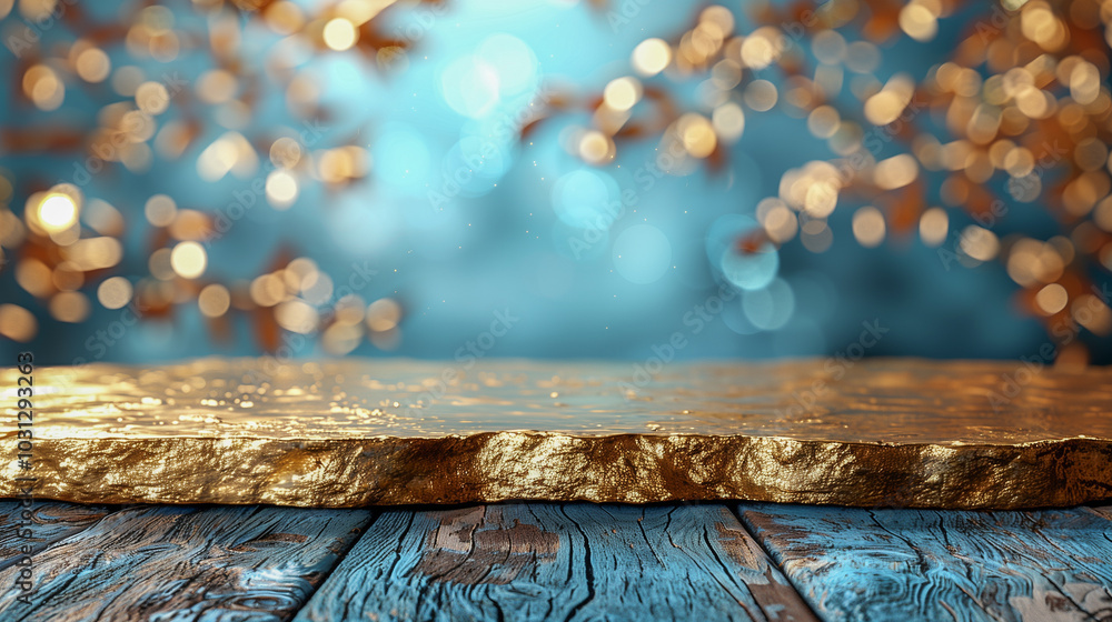 Poster Golden Slab on Weathered Wood with Bokeh Lights Background..