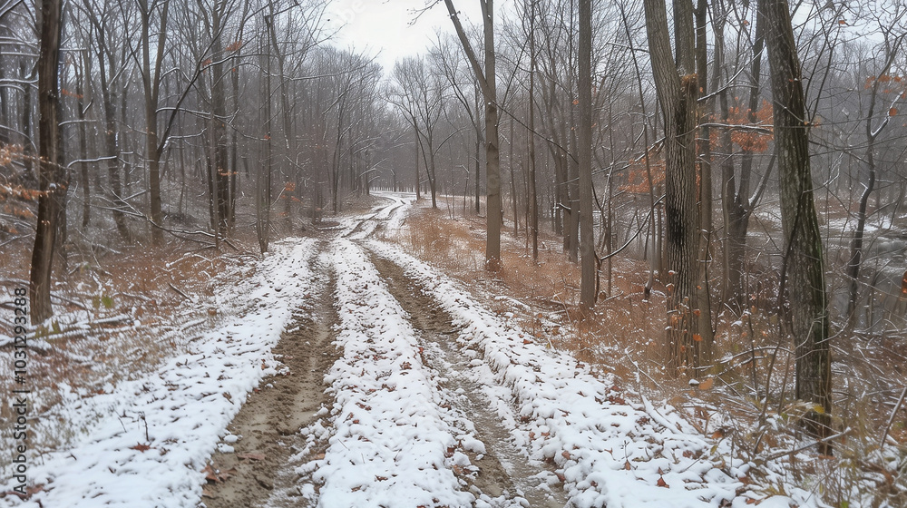 Poster Snow-Covered Forest Path with Muddy Tire Tracks in Winter..