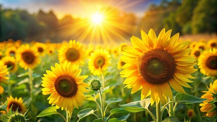 Sunbeams illuminate a field of bright yellow sunflowers, their petals reaching towards the sky, creating a vibrant display of nature's beauty.