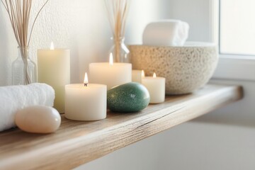 Crystal stones and candles on a wooden shelf in a home spa, creating a tranquil atmosphere
