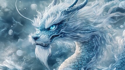 Obraz premium Close-up of a majestic white dragon with blue eyes and scales, set against a swirling blue and white background.