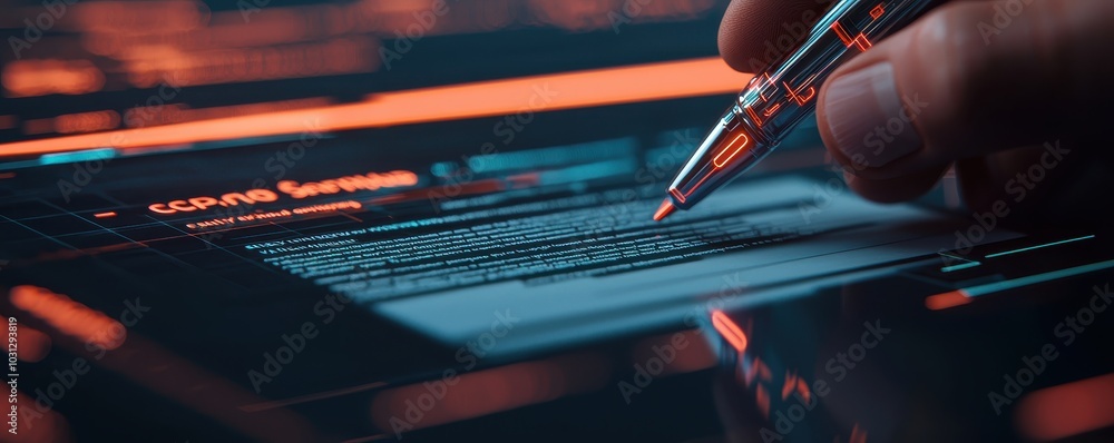 Poster a consent form being signed digitally, 3d render with futuristic holograms, secure atmosphere, priva