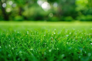 Naklejka premium Close-up of fresh green grass with dew drops in a blurred natural background. Nature freshness concept for wallpaper or poster design.