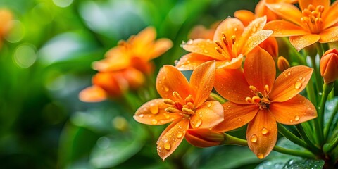Obraz premium Vibrant orange blossoms, bedecked with glistening raindrops, emerge from a lush green foliage, creating a captivating interplay of color and texture.
