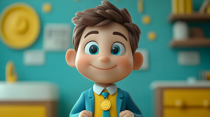 Cheerful animated boy in a suit, smiling with a medal.