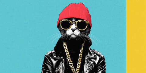 A cool black and white cat dressed in a leather jacket and sunglasses, with a red beanie and a gold chain.