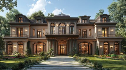 Obraz premium Elegant mansion with lush landscaping and grand architecture.