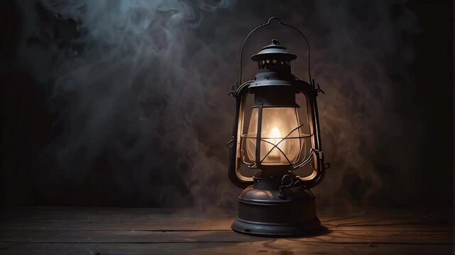 A vintage lantern emits a warm light, creating a cozy ambiance in a dark, foggy setting, highlighting the charm of classic illumination, copy space