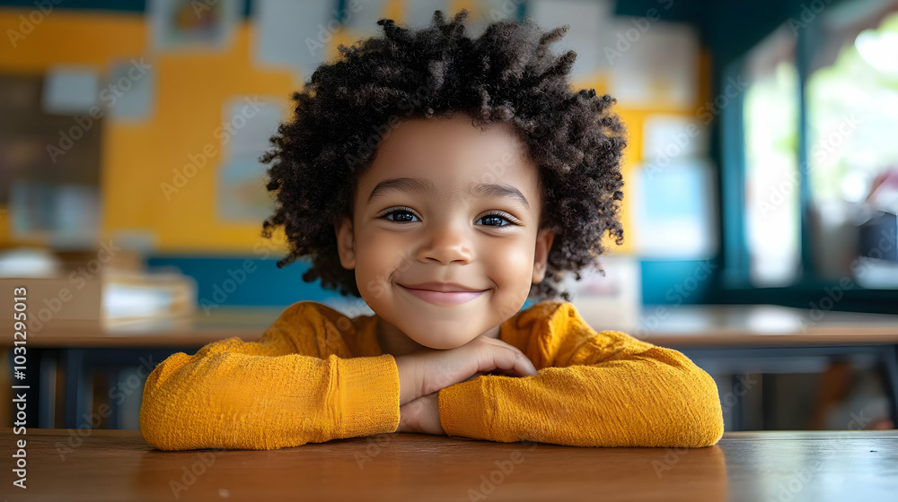 Poster a smiling child with curly hair resting on a table in a classroom.