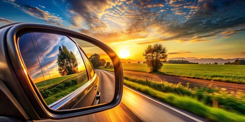 Car Side Mirror Safety Icon and Accident Prevention Landscape Photography