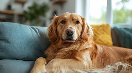 A golden retriever relaxing on a couch in a cozy living room.