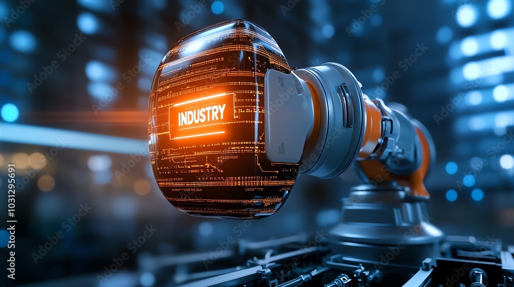 Poster advanced robotic arm in a high-tech industrial setting with glowing interface.