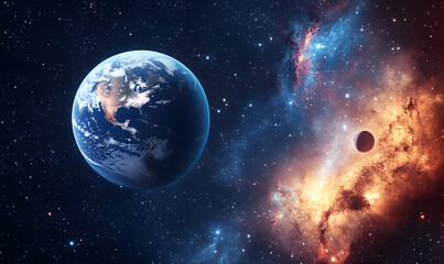 graphics of space, planets, and astronauts on a white background.