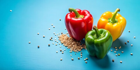 A vibrant trio of red, yellow, and green bell peppers resting on a blue surface, surrounded by scattered seeds, creating a captivating culinary tableau.
