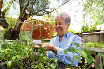 A woman is smiling while holding a plant in a pot. She is surrounded by several plants, and it seems like she is tending to them. Concept of happiness and contentment