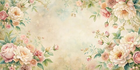 Obraz premium A delicate floral border of pastel roses and verdant foliage on a textured background.