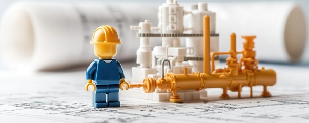 Oil and gas processing plant model displayed on a blueprint, featuring complex piping systems, distillation towers, and control rooms