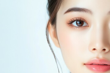 Close-up portrait of a young woman's face with beautiful features and soft expression.