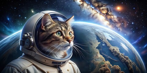 Cat Astronaut Floating in Space with Earth Below - Macro Photography