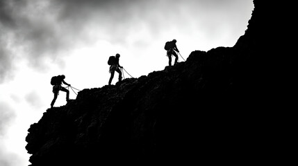 Climbers ascending a rocky ridge against a dramatic sky.