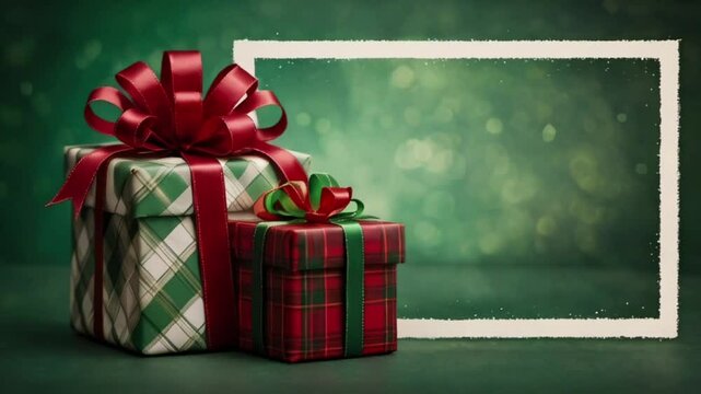 Two elegantly wrapped Christmas presents are arranged against a rich green background, creating a festive atmosphere ideal for holiday celebrations, copy space