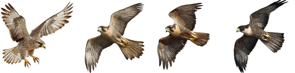 Four flying birds of prey on a white isolated background.
