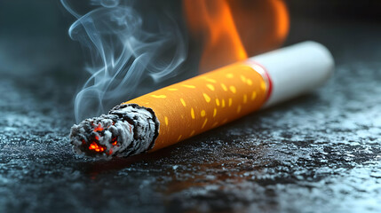 A close-up of a burning cigarette with smoke and ash.