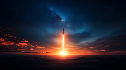 Obraz premium Rocket launching into the sky against a vibrant sunset backdrop, dramatic clouds.