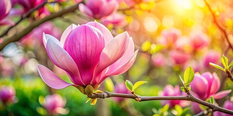 Obraz premium A single pink blossom, a vibrant symbol of the season, stands out against a soft backdrop of blooming flowers, bathed in the warmth of the sun.