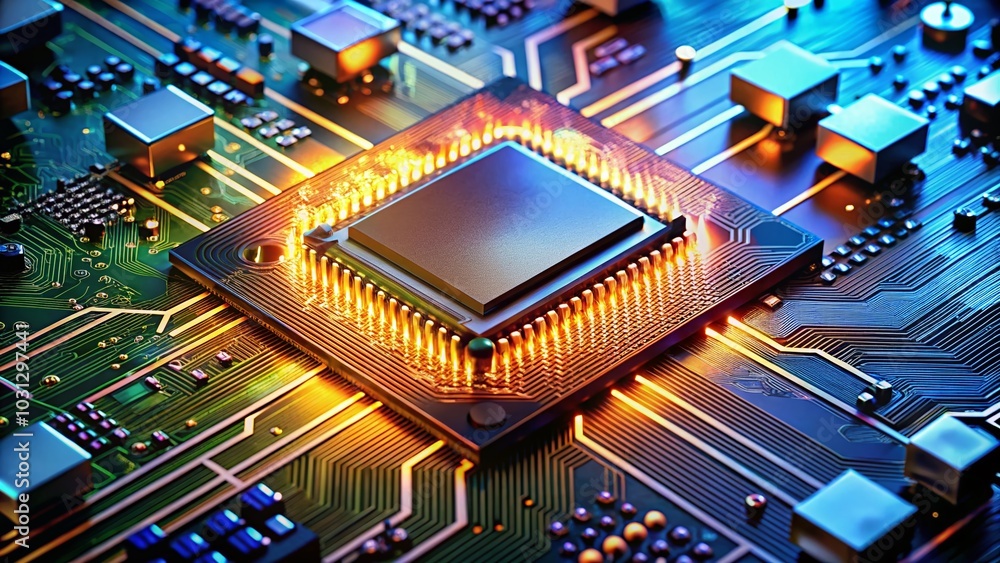 Poster central processing unit on motherboard circuit – high-resolution technology concept for seo optimiza