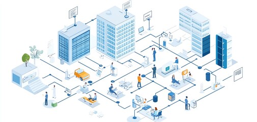 Isometric illustration of a connected city with buildings, people, and vehicles.