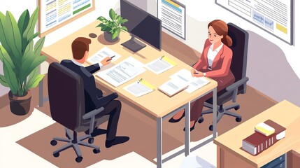 A man and a woman sit at a desk in an office, discussing documents.