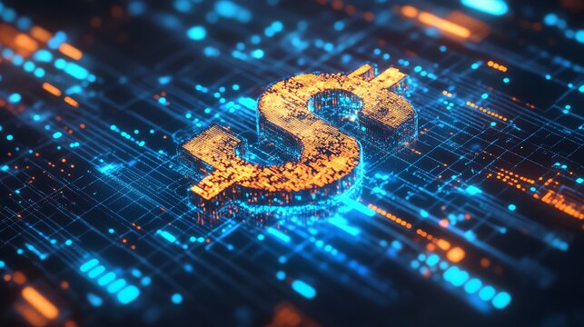 Digital dollar sign on a circuit board. Concept of online banking, finance, and digital currency.