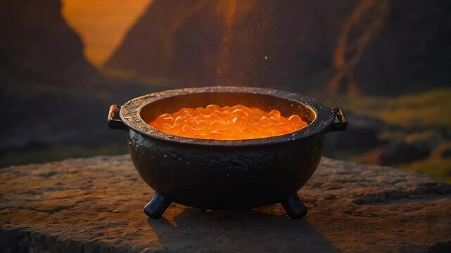 A bubbling cauldron of lava emits sparks while the sun sets behind dramatic volcanic mountains, casting an orange glow across the rugged terrain. halloween mood