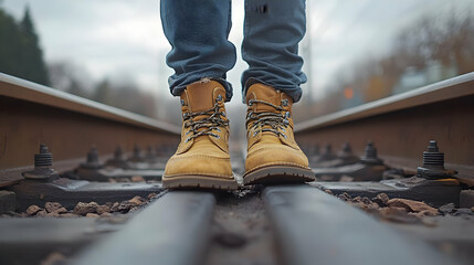 Person standing on railway tracks wearing yellow boots.