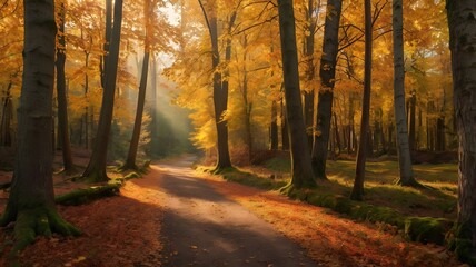 Fototapeta premium Sunlit Path Through Golden Autumn Forest