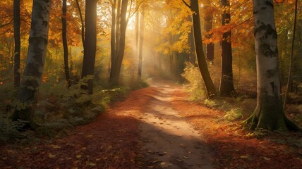 Obraz premium Golden Autumn Forest Path with Sunlight and Mist