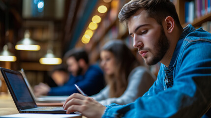 Male student using laptop in library representing educational success concept