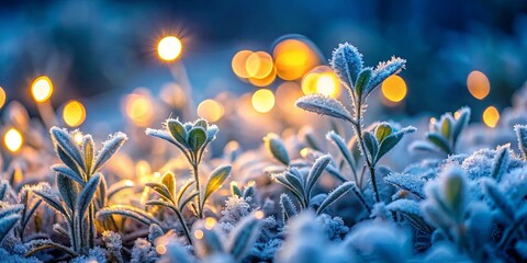 A frosty morning with delicate foliage glistening in the soft light of a winter sunrise.