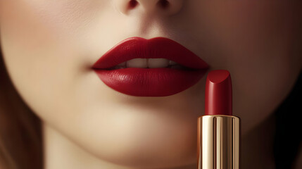 Obraz premium Close-up of lips with bold red lipstick and a lipstick tube.