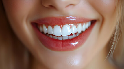 Fototapeta premium Close-up of a smiling woman showcasing her bright, healthy teeth.