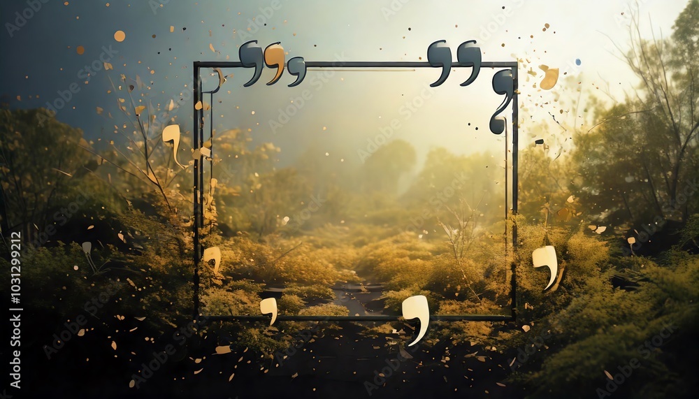 Poster a whimsical frame adorned with floating punctuation marks, set against a serene landscape filled wit
