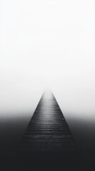 A wooden pier extends into a thick fog, creating a sense of mystery and intrigue.
