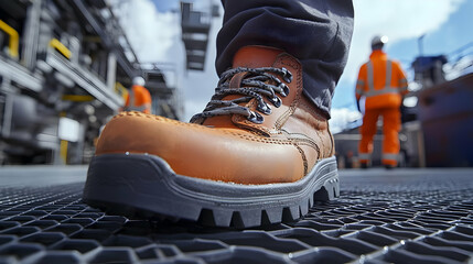 Close-up of a work boot on a textured surface in an industrial setting.