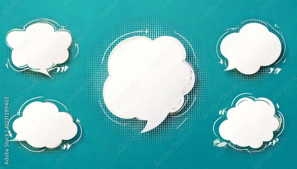 Poster a set of blank speech bubbles on a teal background, ideal for text input or creative communication d