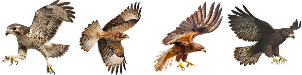 Hawks in flight, showcasing magnificent wings and natural beauty, isolated on white background.