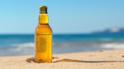 Cold Beer Bottle on Beach Sand with Ocean View